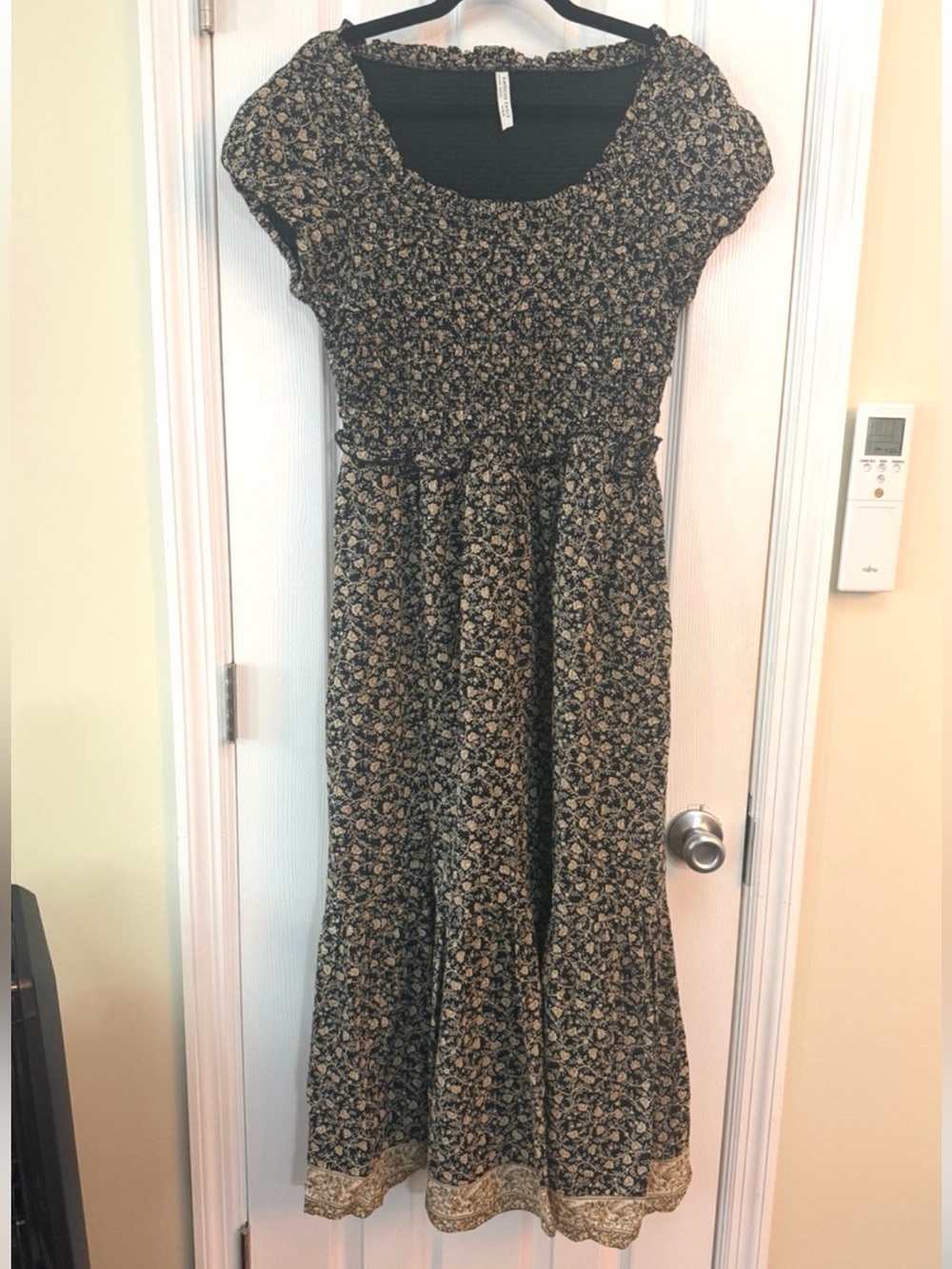 American Rag Floral Smocked Maxi Dress Black Tan Boho Medium